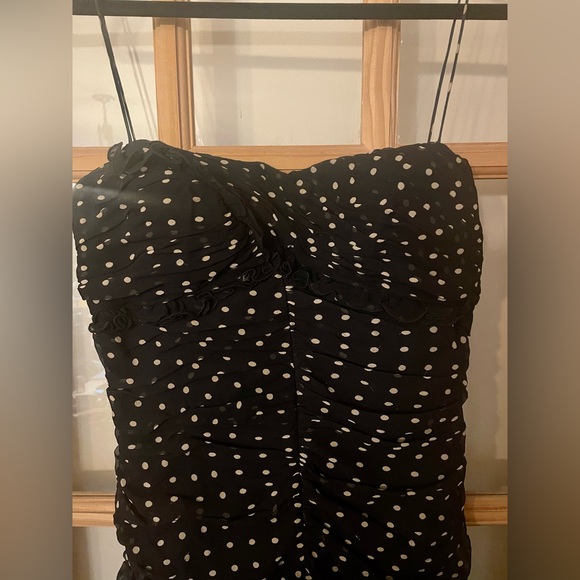 Timeless like new black and tan polka-dot silk chiffon midi cocktail dress! - Picture 1 of 6
